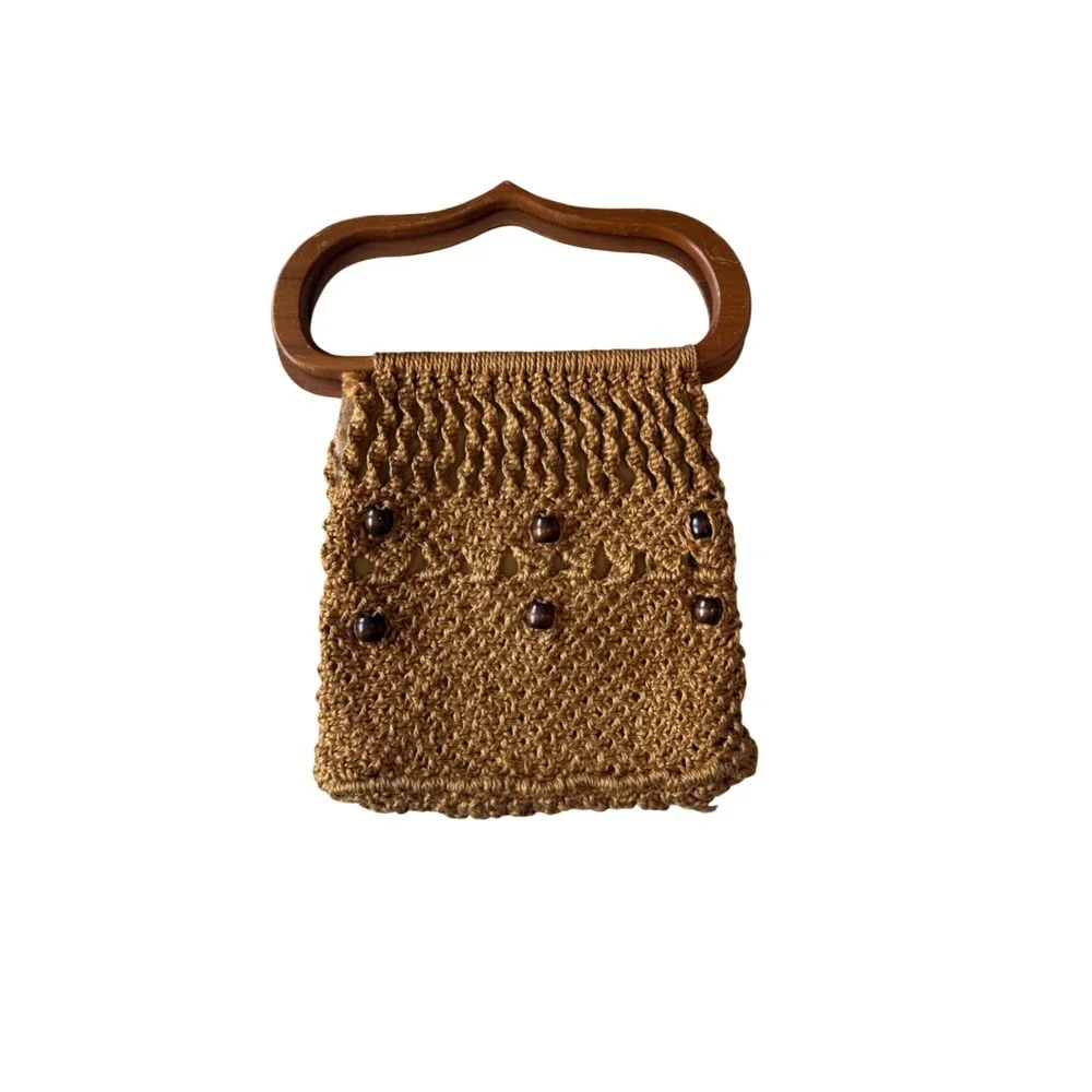 Vintage Boho Macrame Handbag Wood Handles Crochet Purse 70s Woven Bag